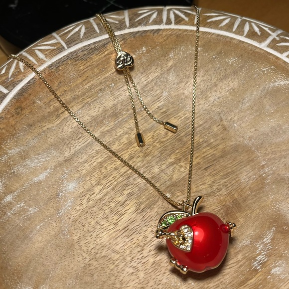 Betsey Johnson Gold Tone Back To School Red Apple Worm Locket Pendant Necklace - Picture 2 of 16